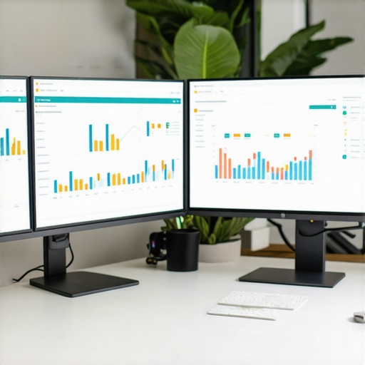 Professional workspace featuring financial software and organized digital records.