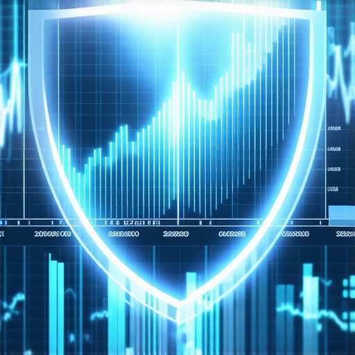 A digital financial dashboard showing real-time metrics and a protective shield symbol for audit security.