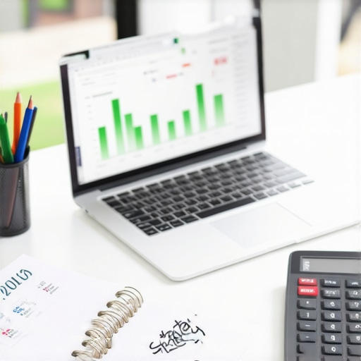 A business owner's desk showing a laptop with financial reports and scaling strategies
