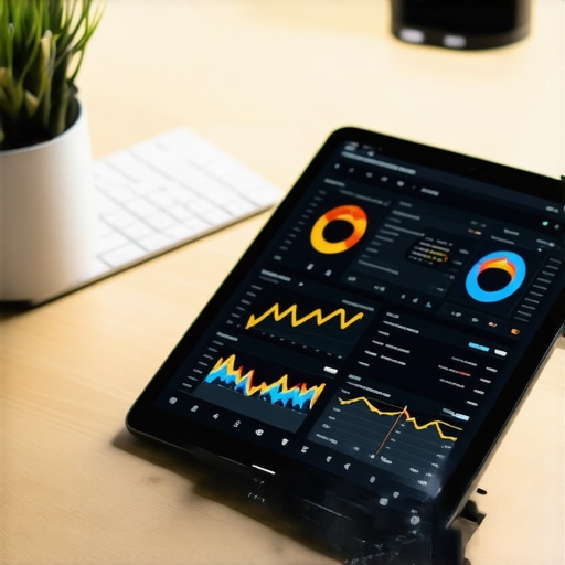 A modern digital tablet displaying financial software graphs and charts on a clean office desk.