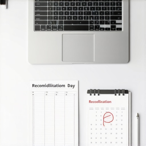 Monthly Financial Reconciliation Setup A desk with a laptop and calendar showing business reconciliation steps for 401k compliance.