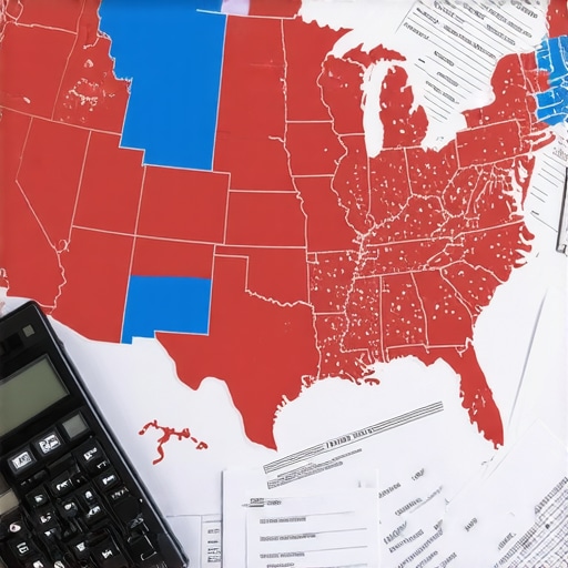 A digital map showing multi-state tax liabilities for businesses with remote employees.