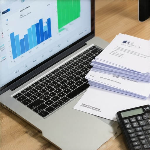 Professional financial dashboard and organized bookkeeping records on a desk.