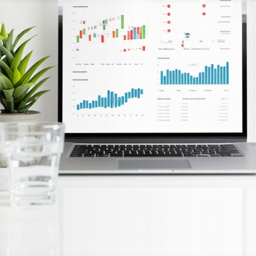 A clean workspace with a laptop showing financial reports and accounting software.