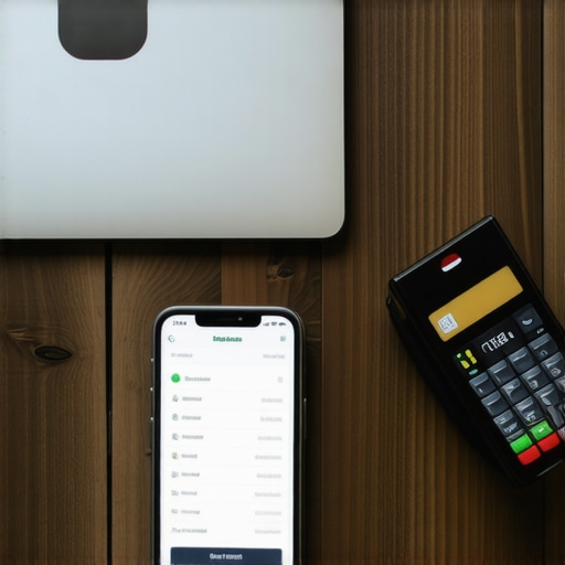 Organized Digital Business Accounting Workspace A modern desk with a laptop showing financial charts and a smartphone for digital payments representing a cashless business model.