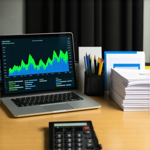 A clean workspace featuring a laptop with financial reports and accounting tools.
