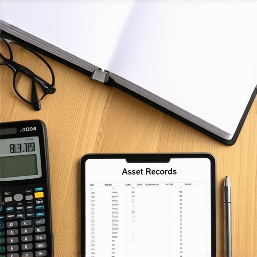Organized Financial Documentation for Asset Sale A well-organized desk featuring digital and physical records for business asset tracking and disposition.