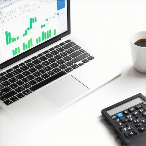 Organized Financial Ledger Workspace Clean minimalist desk setup showing organized financial spreadsheet on a laptop screen