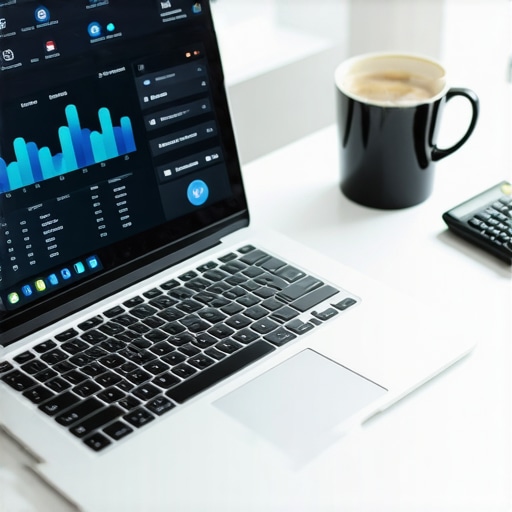 Laptop displaying business financial ledger and payroll automation software on a desk.