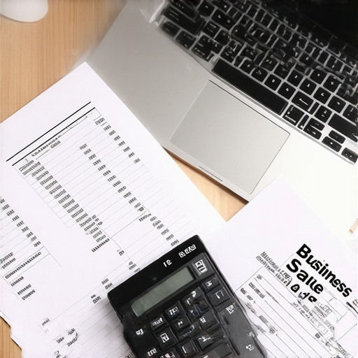 A desk with financial ledgers and tax strategy documents for a business sale.