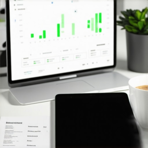 A modern desk with financial tools and a laptop showing accounting software dashboards.