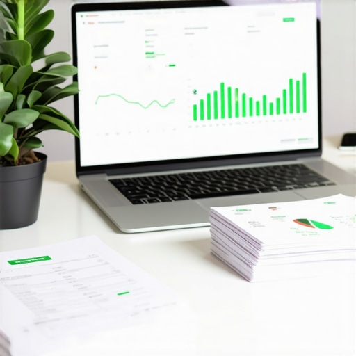 A clean, modern desk with a financial dashboard and organized tax documents for audit preparation.