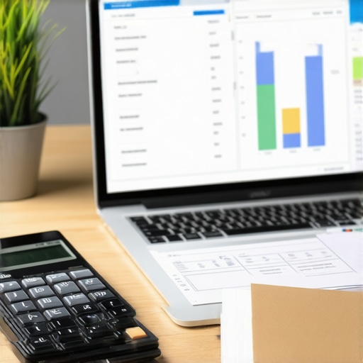 A workspace featuring a laptop with accounting software and a folder for tax audit documentation.