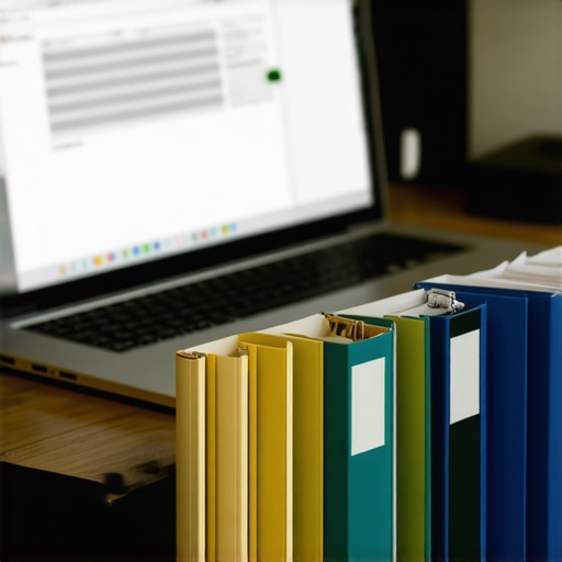 A desk with organized tax folders and compliance software for an audit.