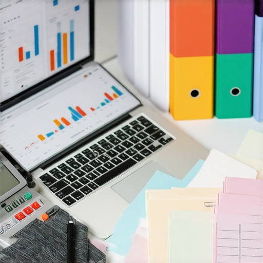 A professional setup with a laptop showing financial reports and organized ledger folders.