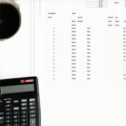 Organized business financial ledger and calculator Close up of a clean financial spreadsheet on a laptop screen next to a calculator.