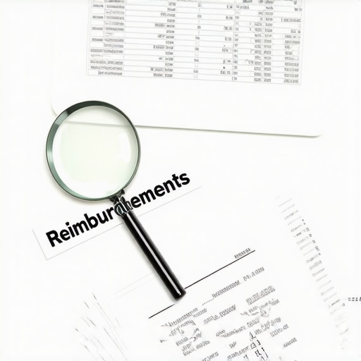 A desk with a magnifying glass over receipts and a digital ledger for business expense tracking.