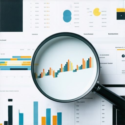 A magnifying glass focusing on a detailed and organized business financial ledger.