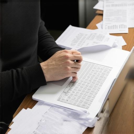 A business owner reviewing financial documents and receipts for tax preparation.