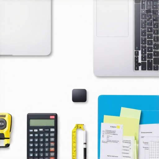 A desk setup illustrating the tools needed for home office tax deduction calculations and documentation.