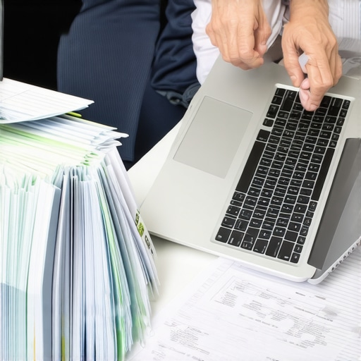 A person sorting through various financial documents and folders on a desk to prepare for tax filing.