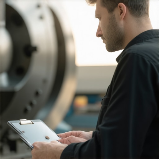 A business owner physically inspecting machinery to verify a fixed asset ledger.