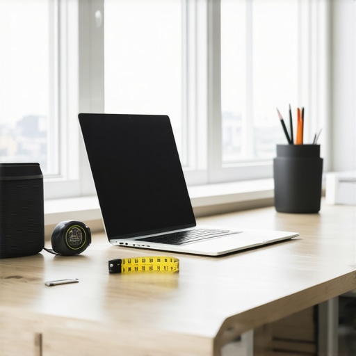 A professional home office setup with a tape measure on the desk representing accurate square footage calculations for the IRS.