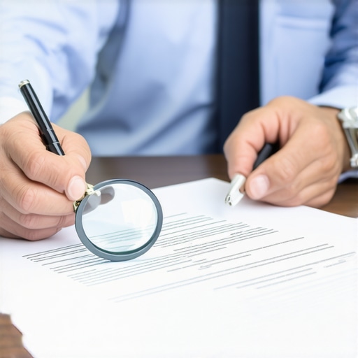 A CPA and business owner reviewing a contract with a magnifying glass for tax compliance.
