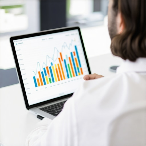 Business owner analyzing tax liability and financial charts on a tablet in a professional office.