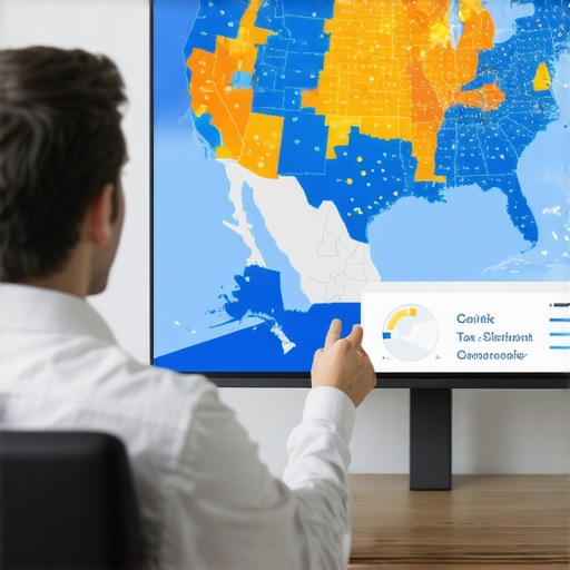 A business owner using digital mapping tools to track local tax compliance for a remote workforce.