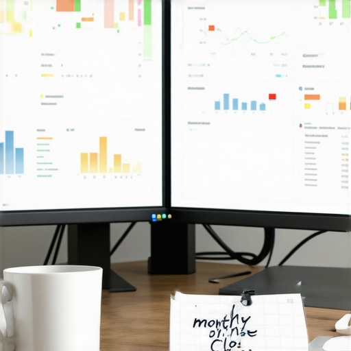 Proactive Monthly Financial Closing Setup A clean office desk with monitors showing financial data and a notepad labeled Monthly Close.