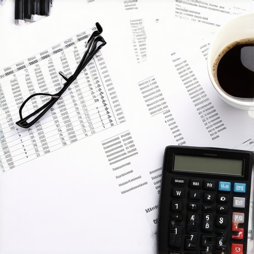 Close-up of a desk with financial ledgers and a calculator for business tax preparation.