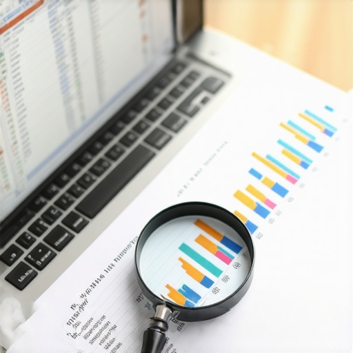 Close up of a magnifying glass over financial documents and a laptop in a professional CPA office