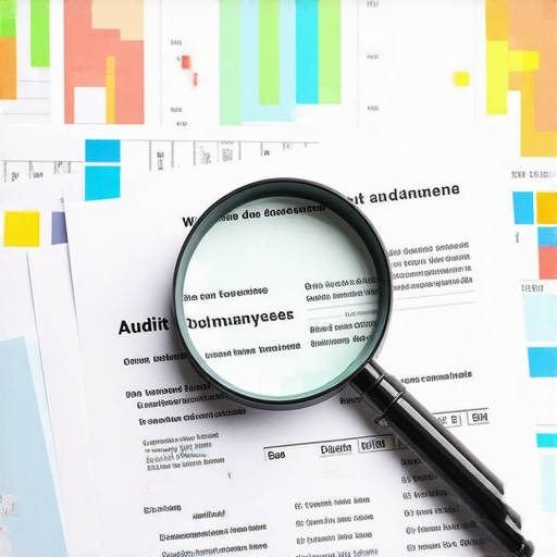 Professional Audit and Compliance Review Magnifying glass over business financial records representing audit defense and compliance strategies.