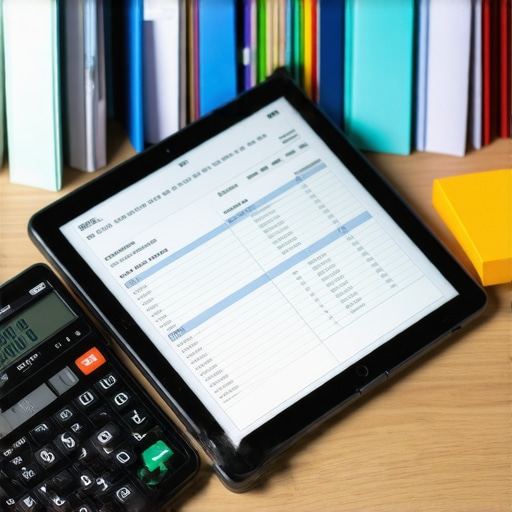 Professional Business Accounting Setup An organized desk with accounting tools and a balanced spreadsheet on a tablet.
