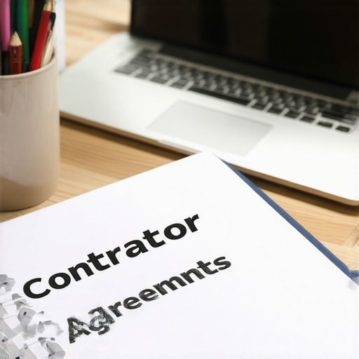 A desk with organized folders for contractor agreements and payroll compliance paperwork.