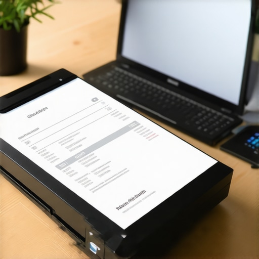 A physical scanner and laptop setup for digital tax record keeping and home office maintenance.