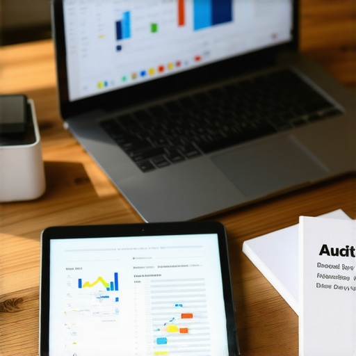 A modern desk with financial tools and an audit-ready folder representing organized business accounting.