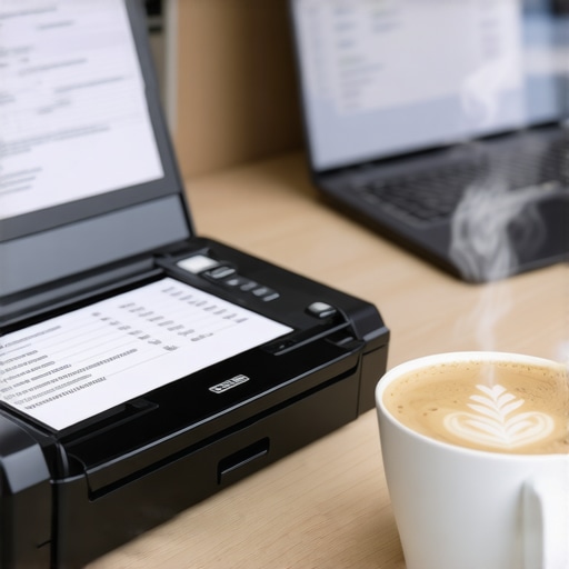 A high-quality document scanner and laptop displaying accounting software on a clean desk.