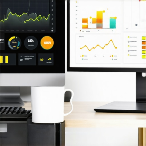 A modern office setup showing a business owner reviewing financial dashboards on dual monitors.