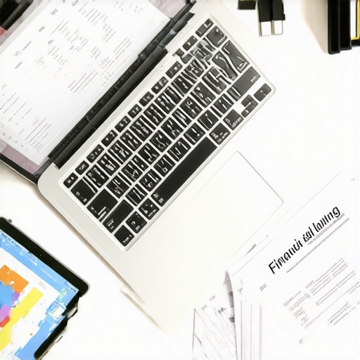 Modern office desk with financial accounting software and organized records