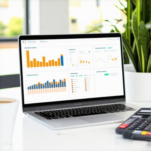 Professional Financial Management Workspace A modern desk with financial software and accounting tools for business scaling.