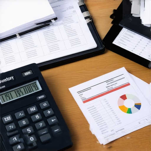 Close-up of financial charts and inventory tools on an accountant's desk.