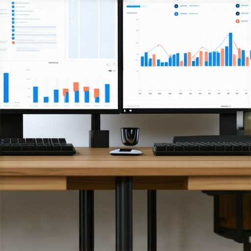 A high-tech office desk with monitors displaying business growth and intangible asset valuation data.