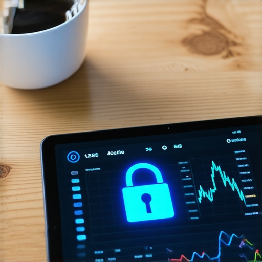 A tablet displaying secure, encrypted financial accounting data with a padlock icon symbolizing data protection.