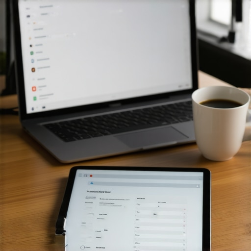 A modern desk setup showing secure digital financial records and cloud storage tools for business maintenance.