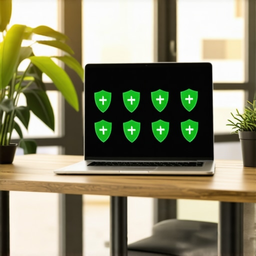 A laptop showing a secure cloud-based financial management dashboard with security icons