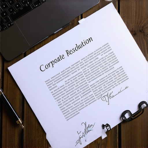 Close-up of a signed business resolution document on a desk, representing proper corporate governance.