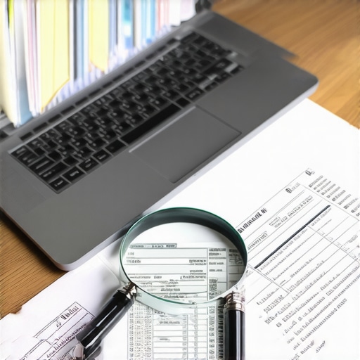 Professional audit preparation setup with financial documents and magnifying glass.