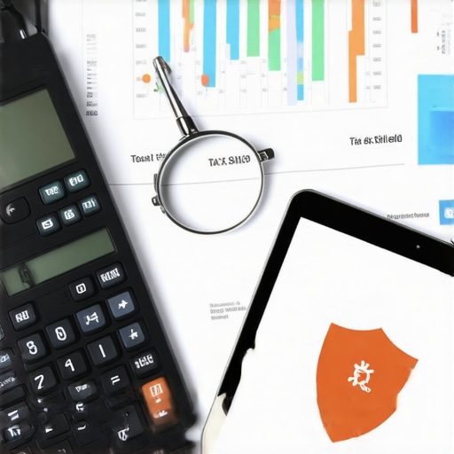 Financial audit support tools including a magnifying glass and digital reports on a professional desk.